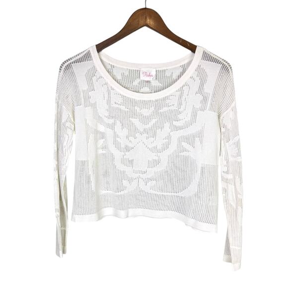 Parker White Sheer Long Sleeve Scroll Pattern Knit Layering Cropped Top Sweater - Picture 8 of 12